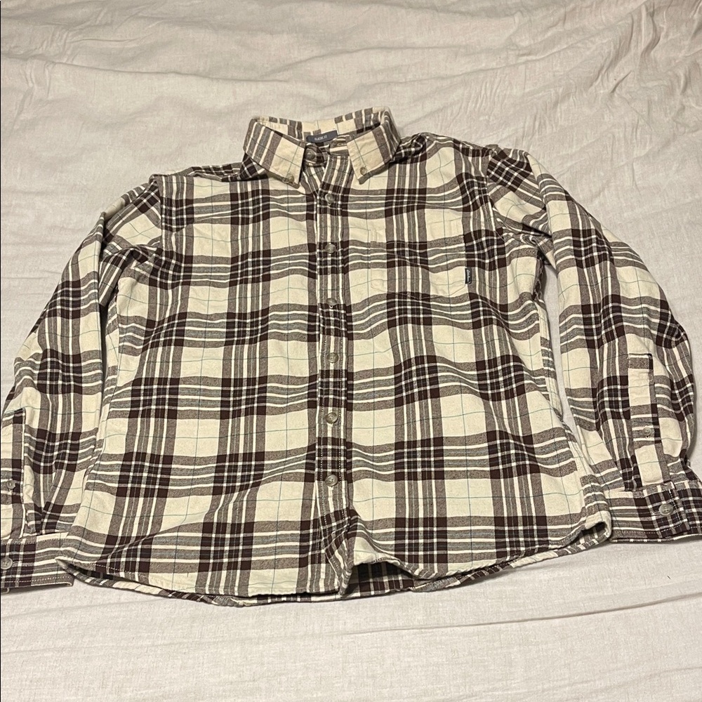 Men's Plaid Eddie Bauer Shirt - Cream and Brown with blue . Worn once.